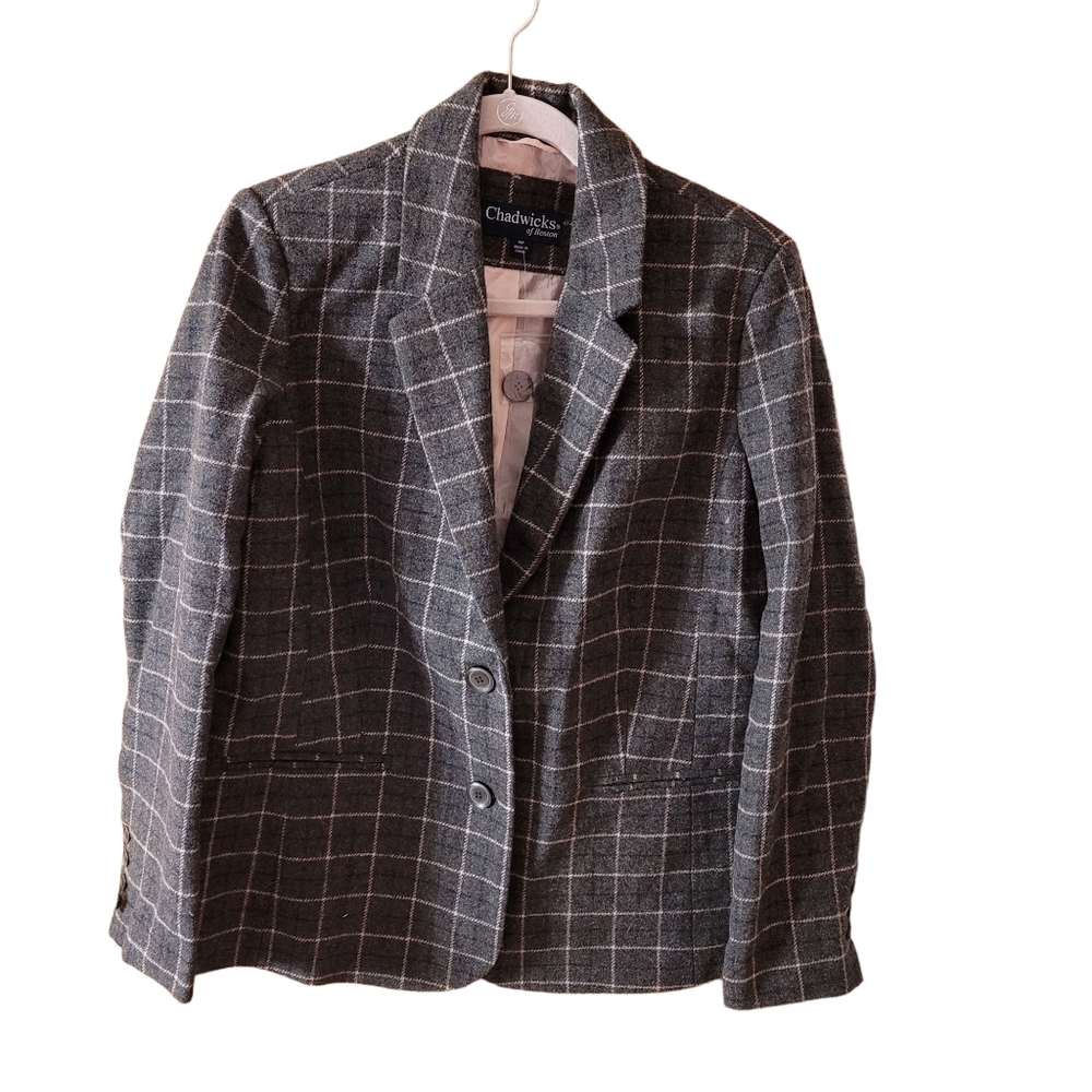 NWOT Chadwicks of Boston Wool Blend Blazer Jacket 14P Gray Pink Lined Business